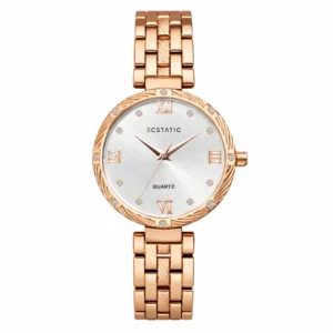 ECSTATIC – Round Design, Rose Gold Case, Metal Strap, White Dial Women’s Watch
