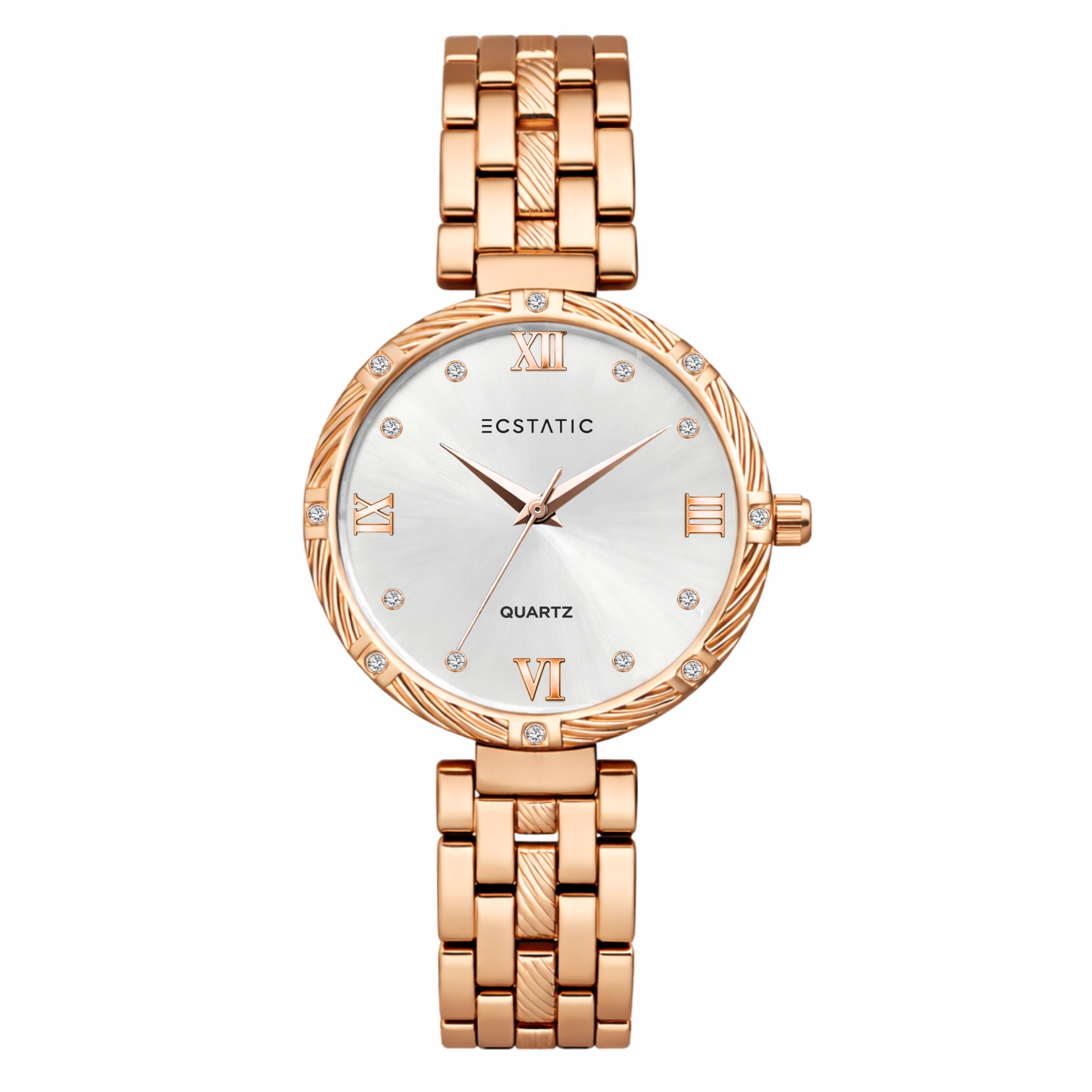 ECSTATIC – Round Design, Rose Gold Case, Metal Strap, White Dial Women’s Watch
