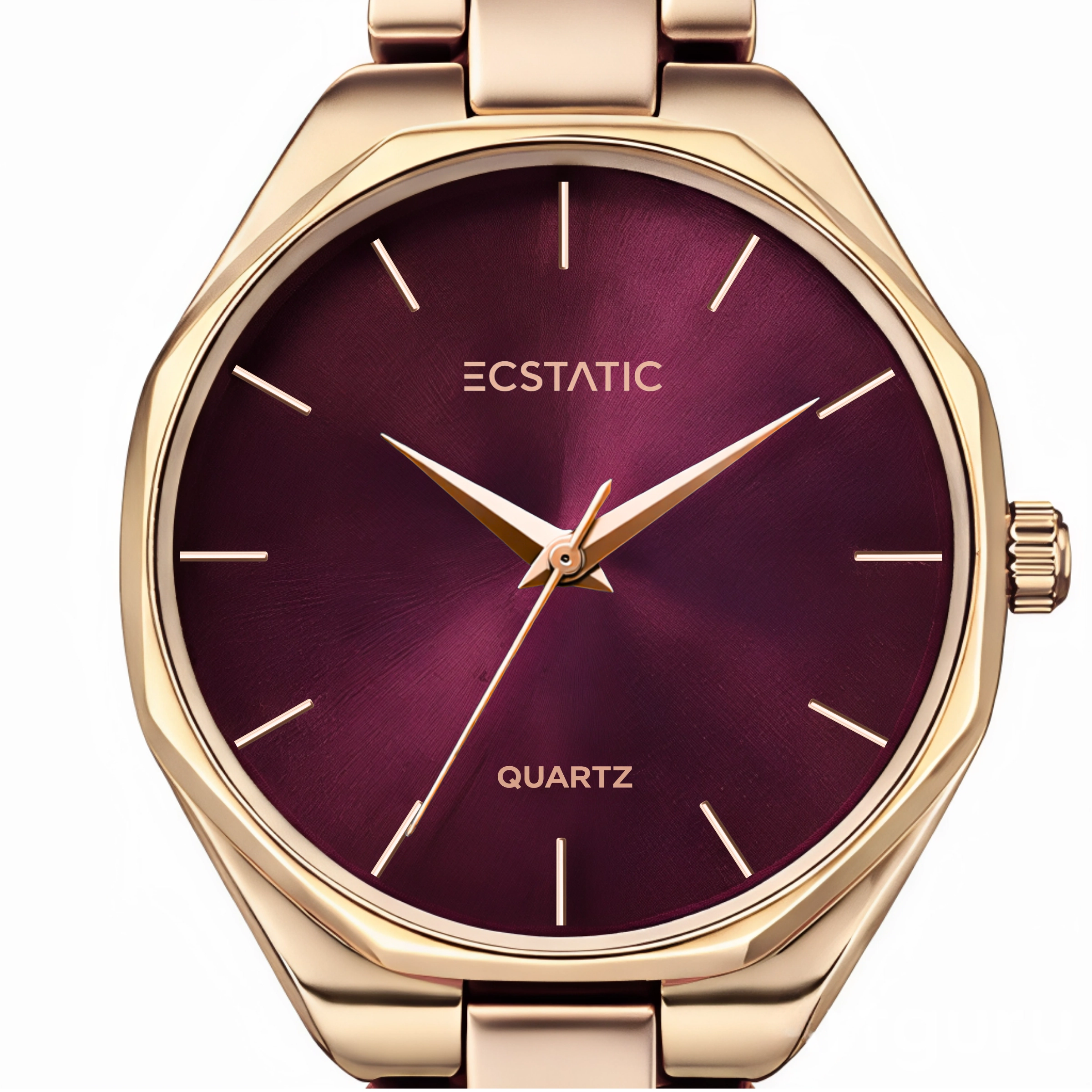 ECSTATIC– Round Design, Rose gold Case, Metal Strap, Maroon Dial Women’s Watch