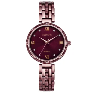 ECSTATIC – Round Design, Antique Case, Metal Strap, Maroon Dial Women’s Watch