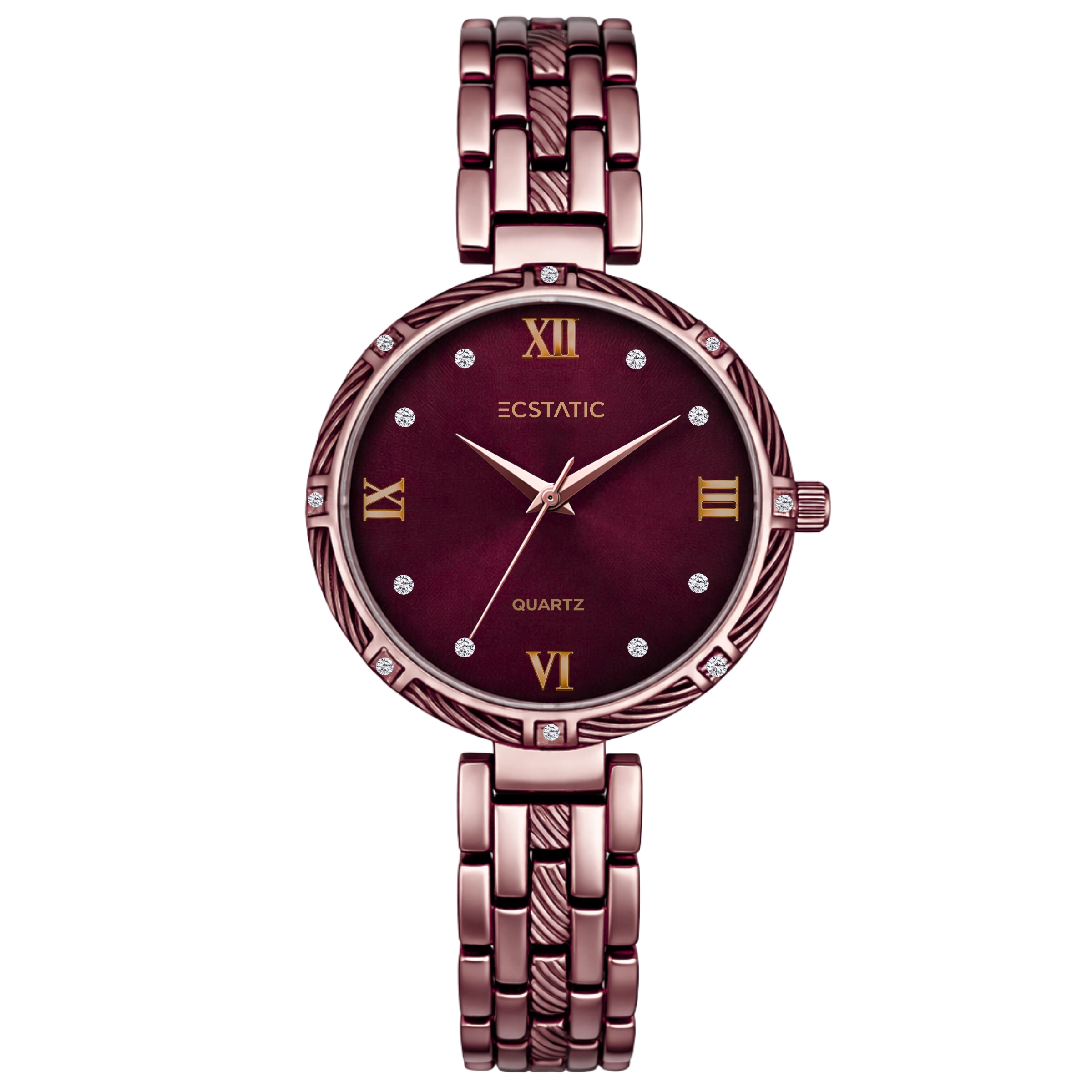 2 ECSTATIC – Round Design, Antique Case, Metal Strap, Maroon Dial Women’s Watch