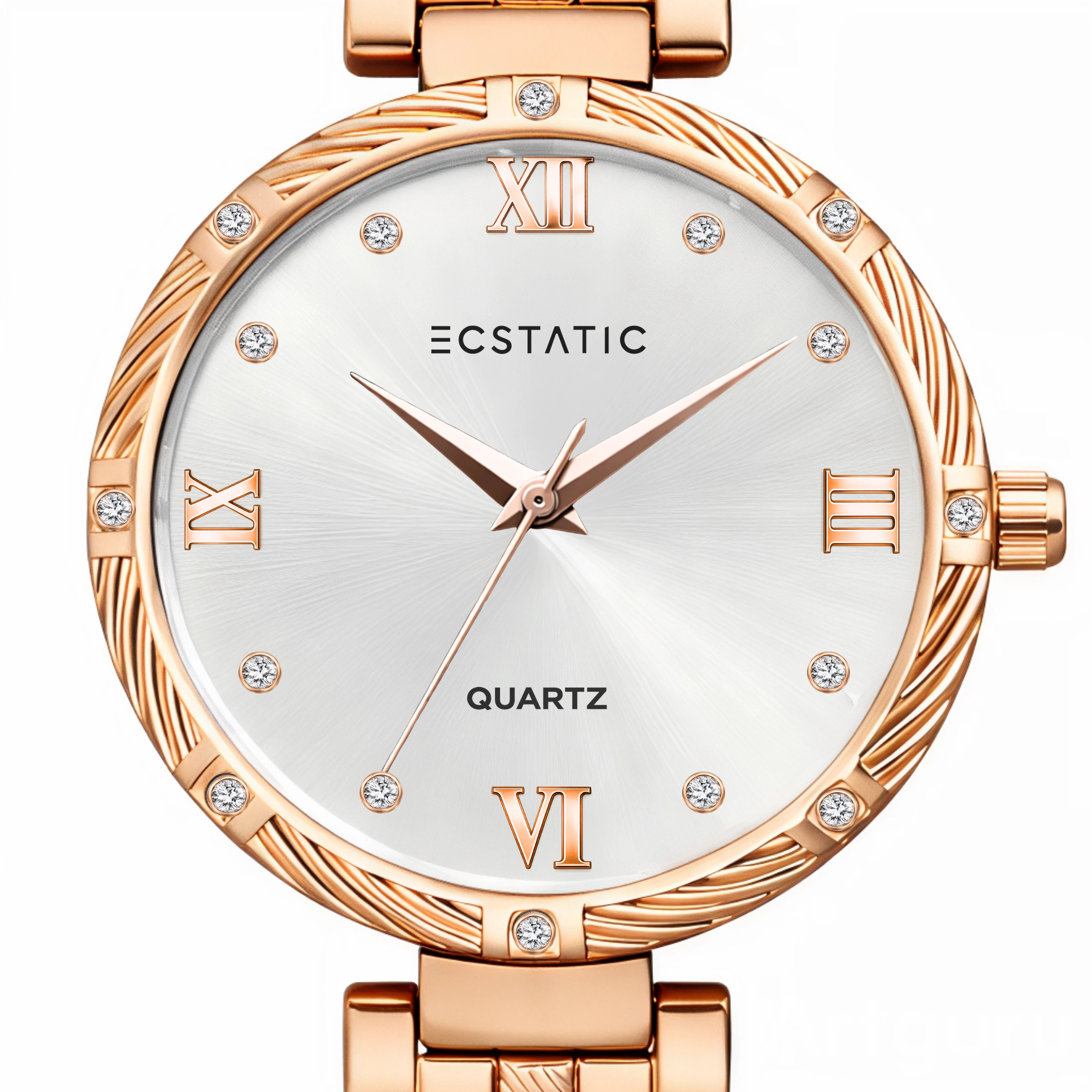 ECSTATIC – Round Design, Rose Gold Case, Metal Strap, White Dial Women’s Watch