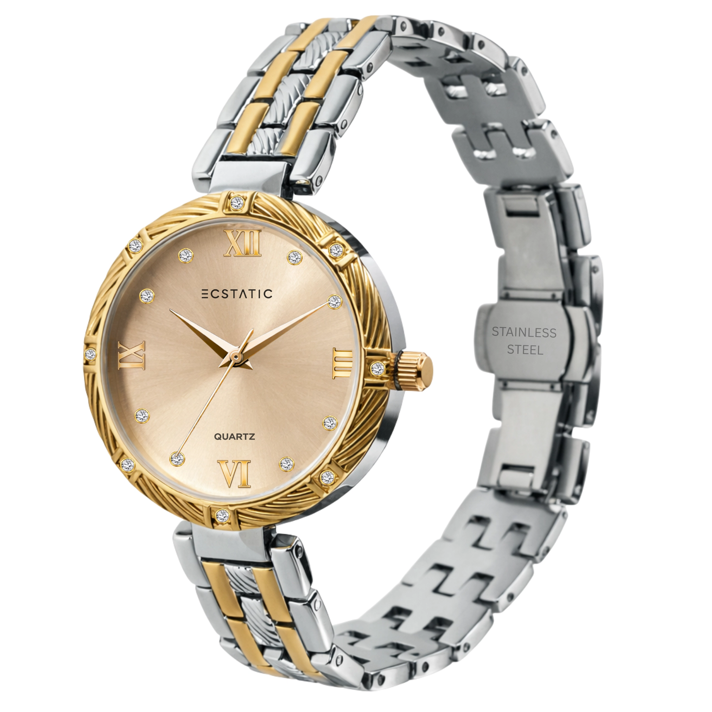 ECSTATIC – Round Design, Bicolour Case, Metal Strap, Gold Dial Women’s Watch