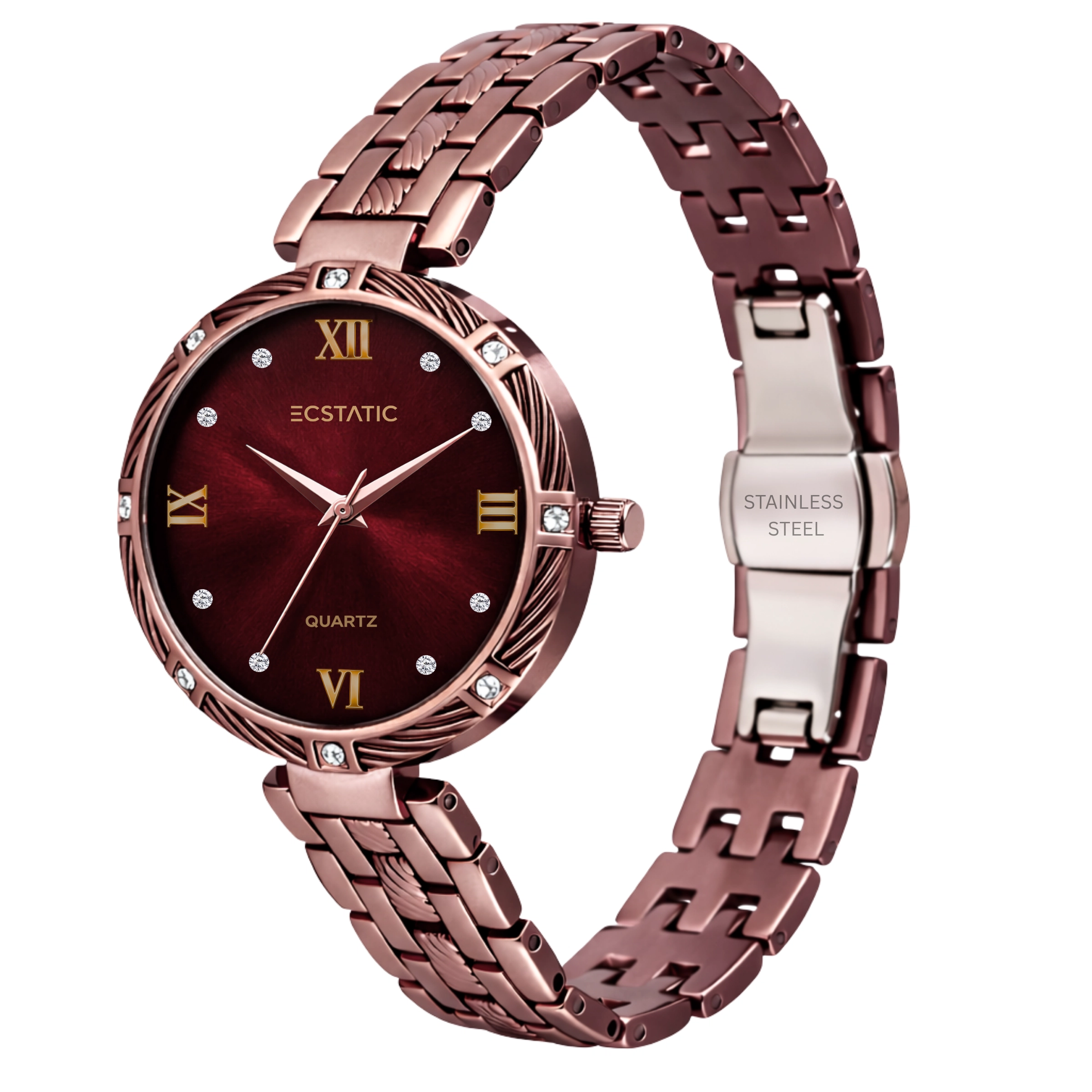 3 ECSTATIC – Round Design, Antique Case, Metal Strap, Maroon Dial Women’s Watch