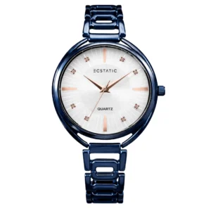 ECSTATIC – Round Design, Blue Case, Metal Strap, White Dial Women’s Watch