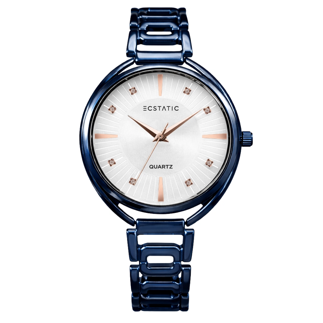 ECSTATIC – Round Design, Blue Case, Metal Strap, White Dial Women’s Watch