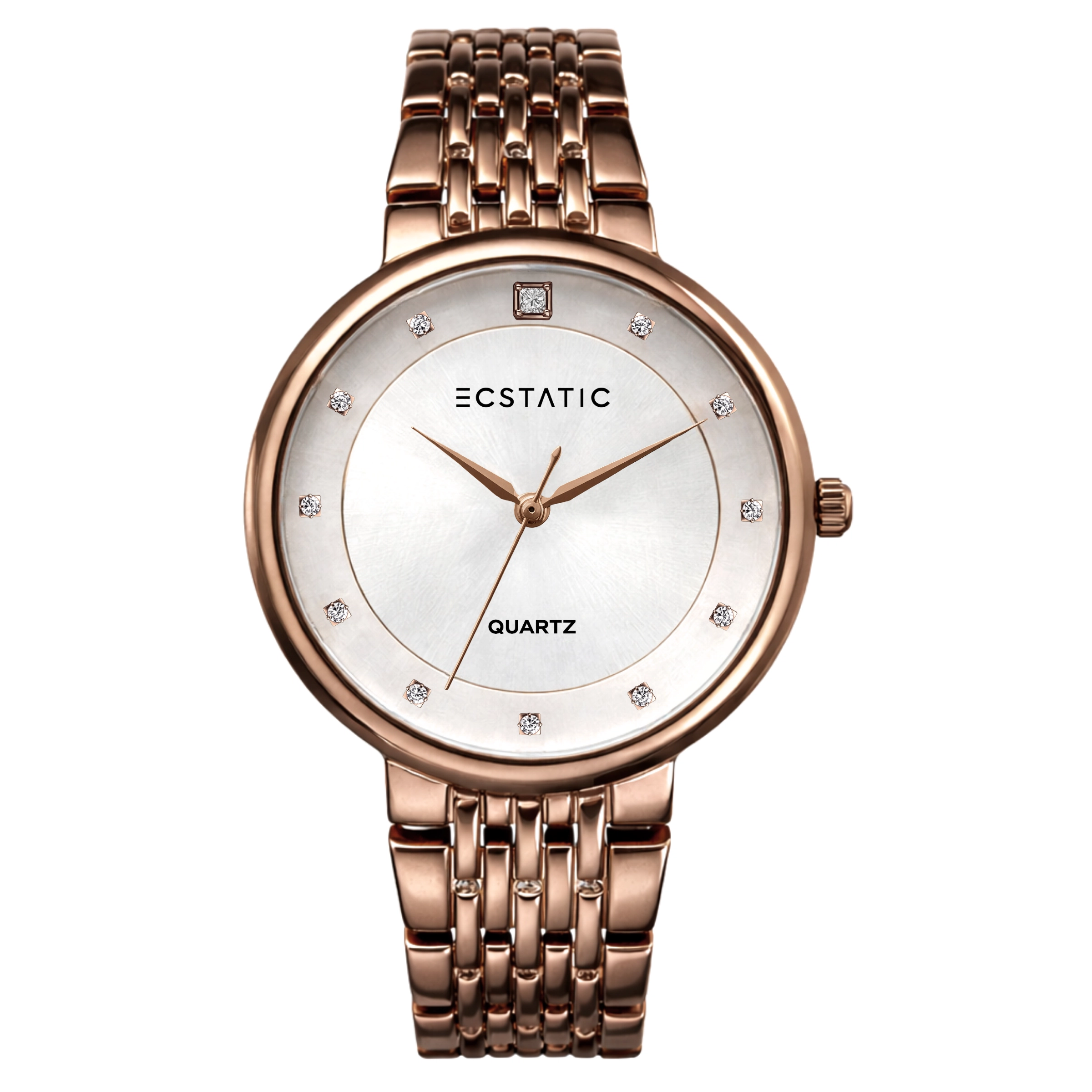 ECSTATIC – Round Design, Brown Case, Metal Strap, White Dial Women’s Watch
