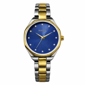 ECSTATIC– Round Design, Bicolour Case, Metal Strap, Blue Dial Women’s Watch