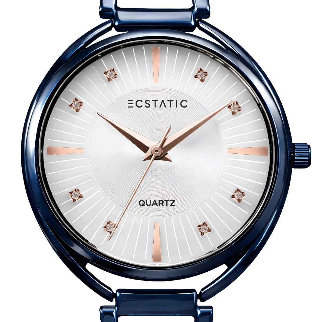 ECSTATIC – Round Design, Blue Case, Metal Strap, White Dial Women’s Watch