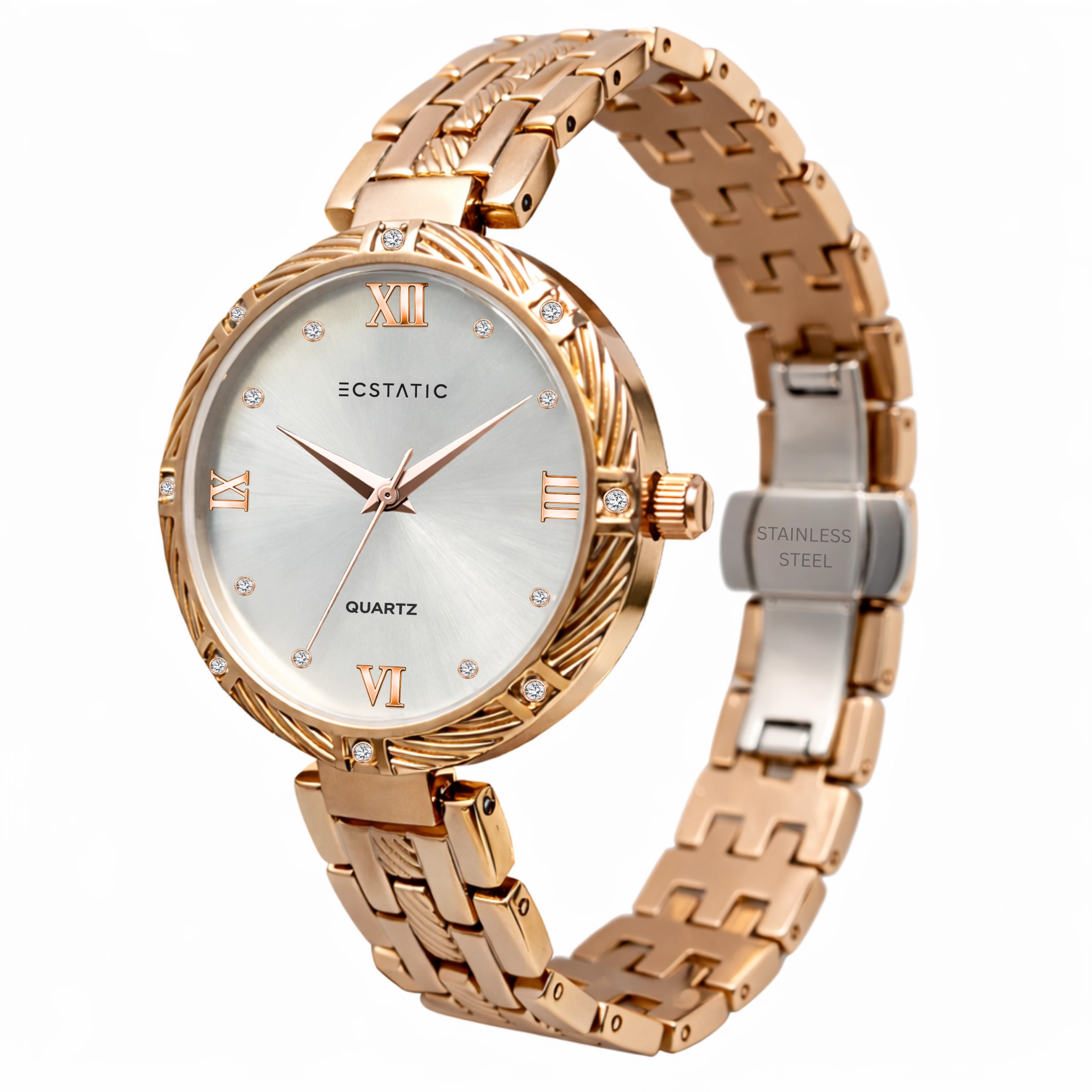 ECSTATIC – Round Design, Rose Gold Case, Metal Strap, White Dial Women’s Watch
