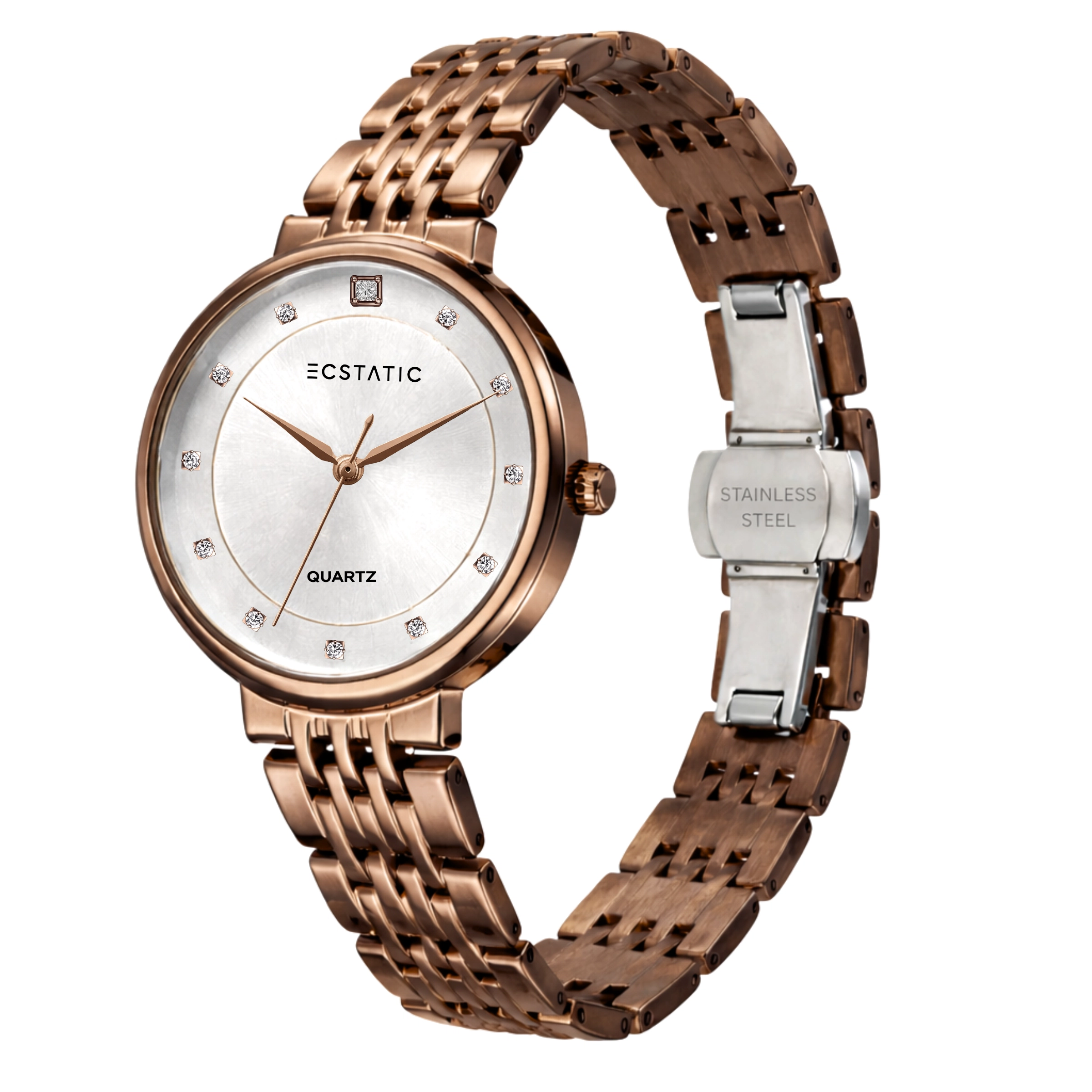 ECSTATIC – Round Design, Brown Case, Metal Strap, White Dial Women’s Watch