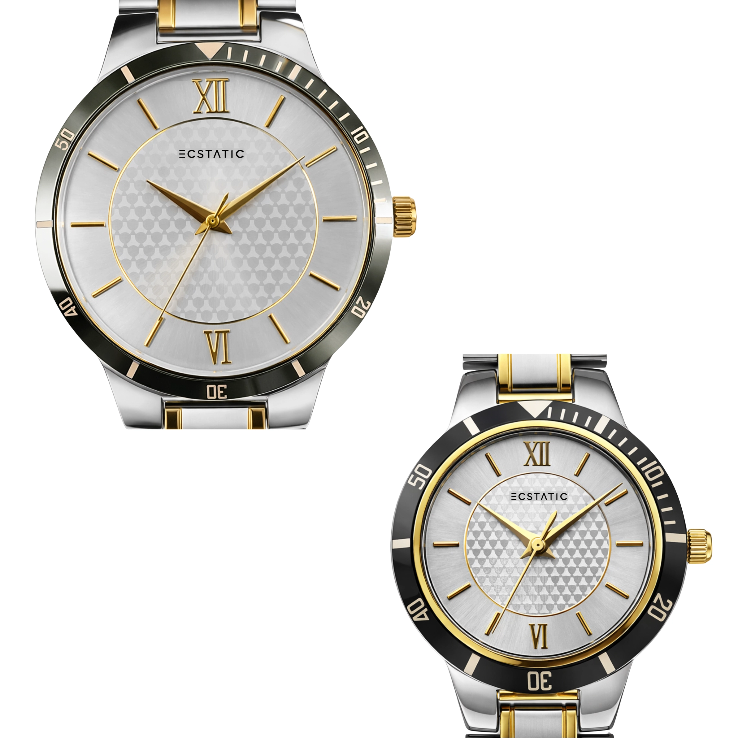 1 ECSTATIC - Bi-colour plated, Metal case, Metal band, Silver white dial, Couple Watch