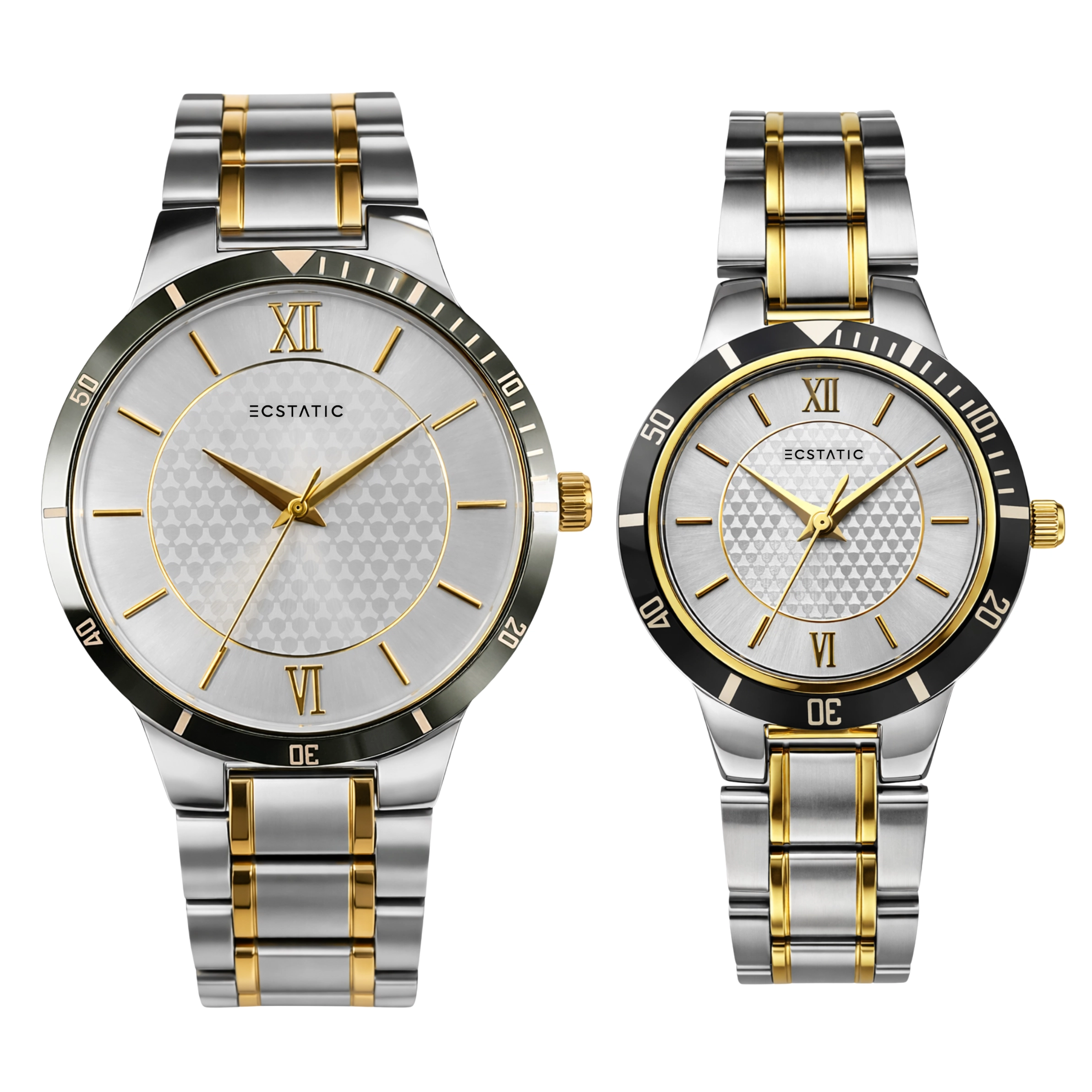 2 ECSTATIC - Bi-colour plated, Metal case, Metal band, Silver white dial, Couple Watch